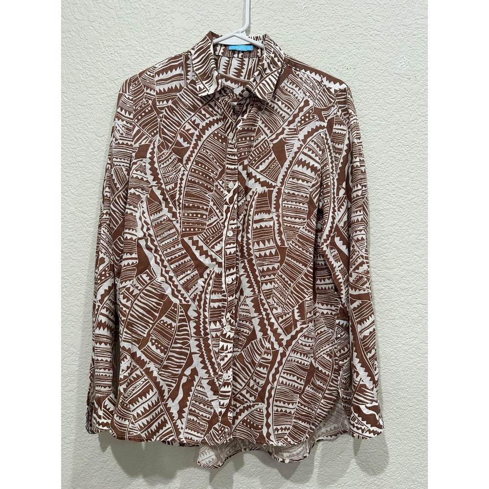 J.McLaughlin Womens Brown White Tribal Geometric Print 100% Linen‎ Shirt XS